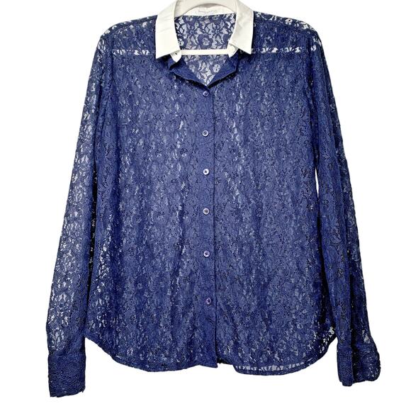 Equipment Femme Women’s Sheer Lace Collared Button Up Blouse Blue Size Medium - Picture 3 of 11